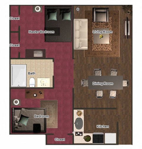 Floor plan for 2 beds, 1 bath, 700 sqft